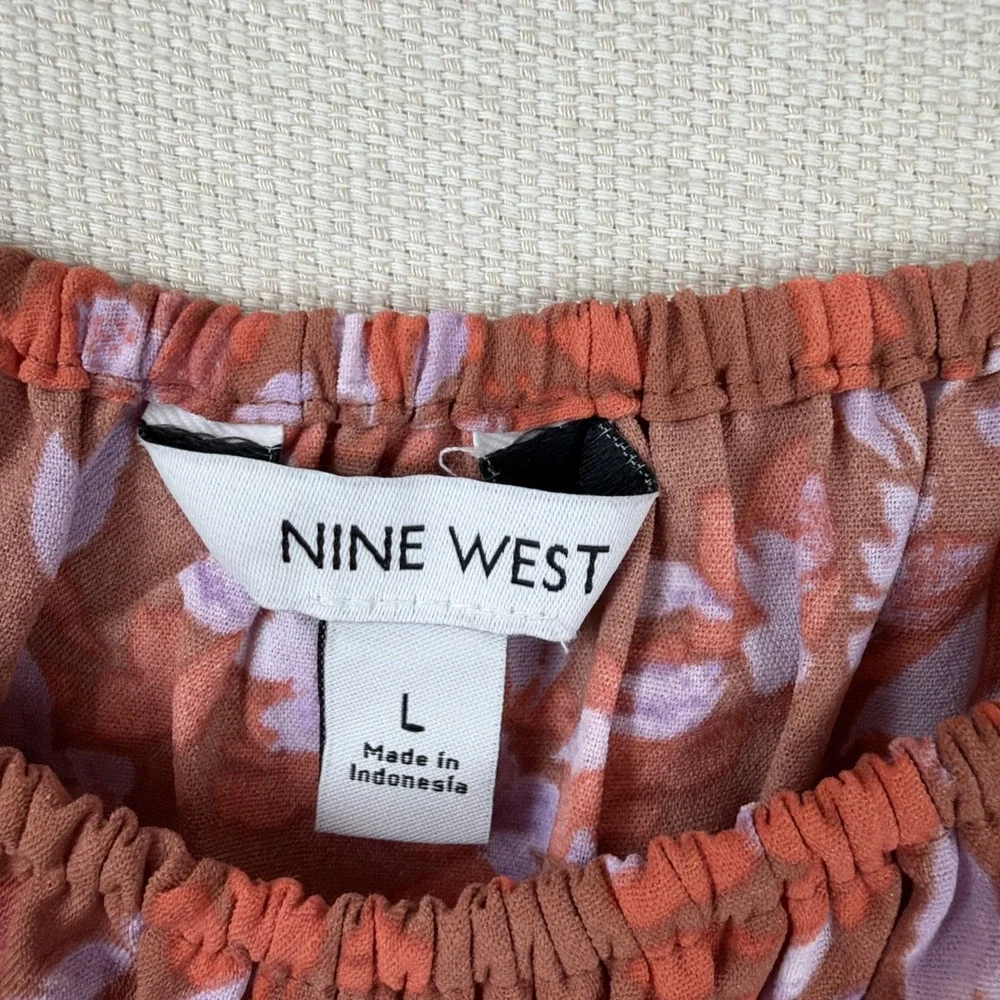 NWT Nine West Women's Peplum Floral‎ Blouse Size L Elastic Cuffs Smocked Waist